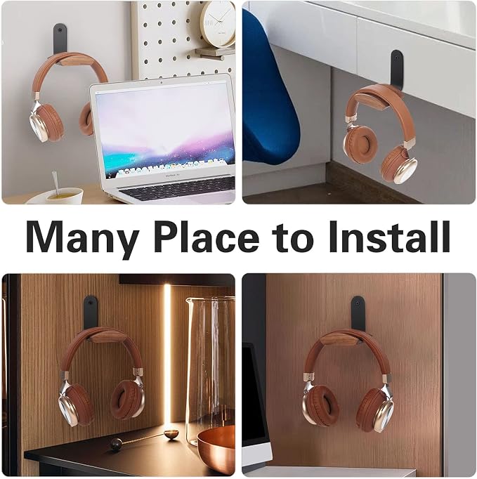 Walnut Wood Headphone Wall Mount Holder, Curved Headset Hanger with Black Metal Bracket, Adhesive or Screw Mount, Holds 10 lbs