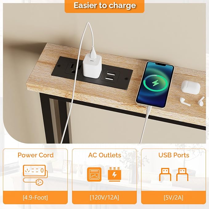 VINGLI 39" Console Table with Charging Station, 5.9" Narrow Sofa Table Behind Couch, Entryway Table with Power Outlet & 4.9 Ft Extension Cord & Adjustable Feet, for Living Room, Hallway, Oak