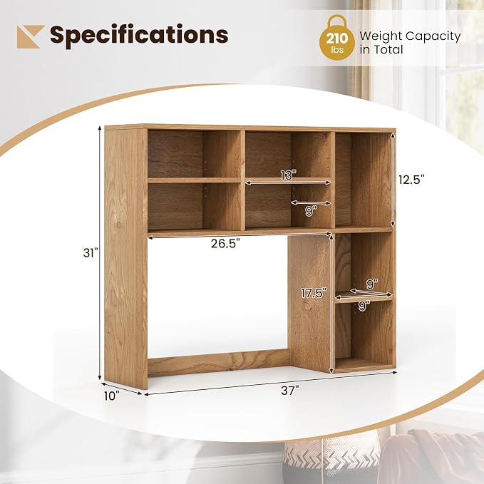 Giantex Desktop Bookshelf, Desk Hutch Dorm w/ 7 Cubes & 3 Adjustable Shelves, Desk Shelf for Up to 27" Computer Monitors, Wooden Desktop Storage Organizer for Dorm College Office Homem, Natural