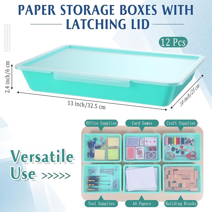 Tinlade 12 Pcs Classroom Paper Storage Bins with Clear Latching Lid, Label Stackable Letter Size Flat Tray Container for Teacher Back to School Supplies Home Office Desk Arts Crafts (Teal,13x10in)