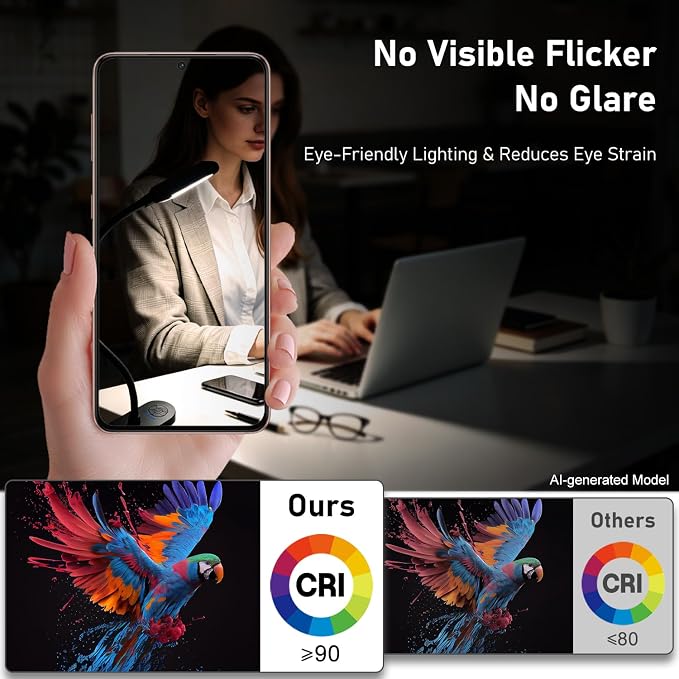 Clip on Light, Desk Lamp with Clamp, LED Reading Light with 3500mAh Rechargeable Battery, 3 Color Modes, 10 Brightness Levels, Adjustable Neck, Cordless Clip on Lamp for Bed, Home Office, Craft(Black)