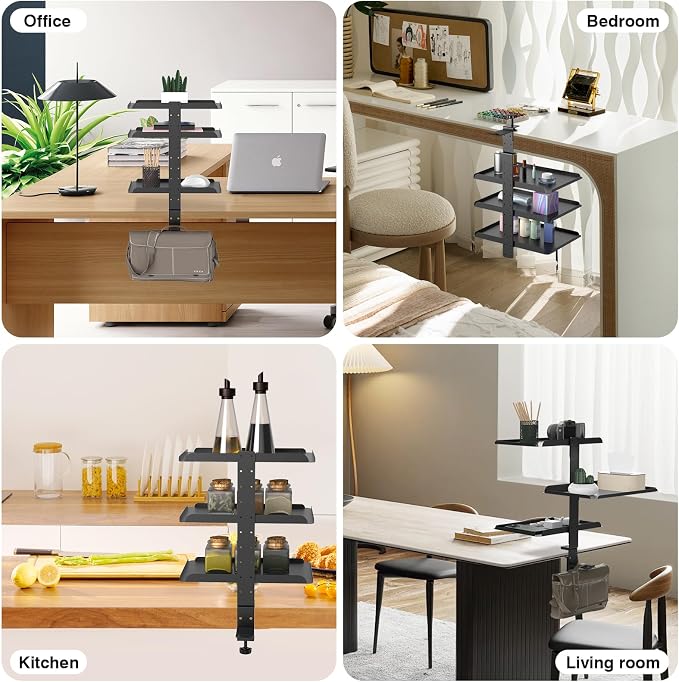 3 Tier Clamp On Desk Shelf, No Drill Desk Extension Shelving Unit with Adjustable Metal Trays & Headphone Stand Above or Under Desk Storage, Heavy Duty Desktop Storage Rack for Home Office