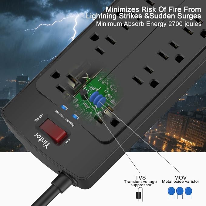 Power Strip, Yintar Surge Protector with 12 AC Outlets and 4 USB Ports, 6 Feet Extension Cord, 2700 Joules, ETL Listed, Black