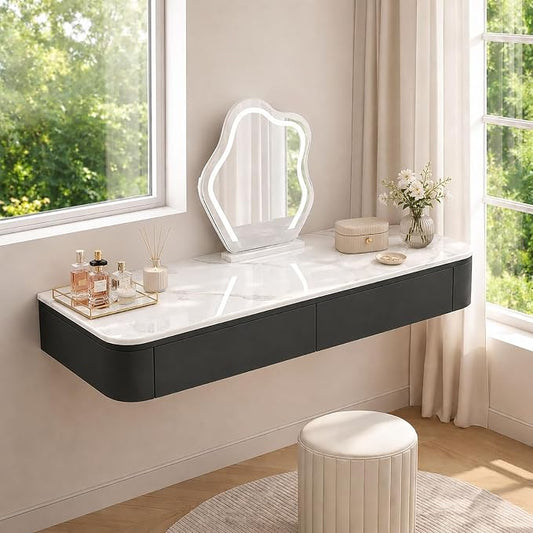 Floating Makeup Vanity Desk With Drawers Wall Mounted Makeup Table With Storage Fully Assembled Floating Vanity Desk Space Saving Modern Dressing Table For Bedroom Closet(Black Marble,47.2")