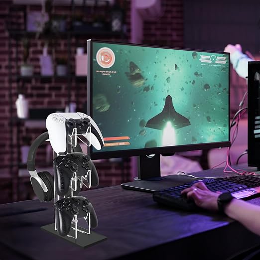 FYY Game Controller Holder 3 Tiers - Universal Dual Controller Stand Headphone Holder, Acrylic Black Controller Display Stand Compatible with Nintendo Switch Xbox PS5 PS4, Desk Mounts for Controller