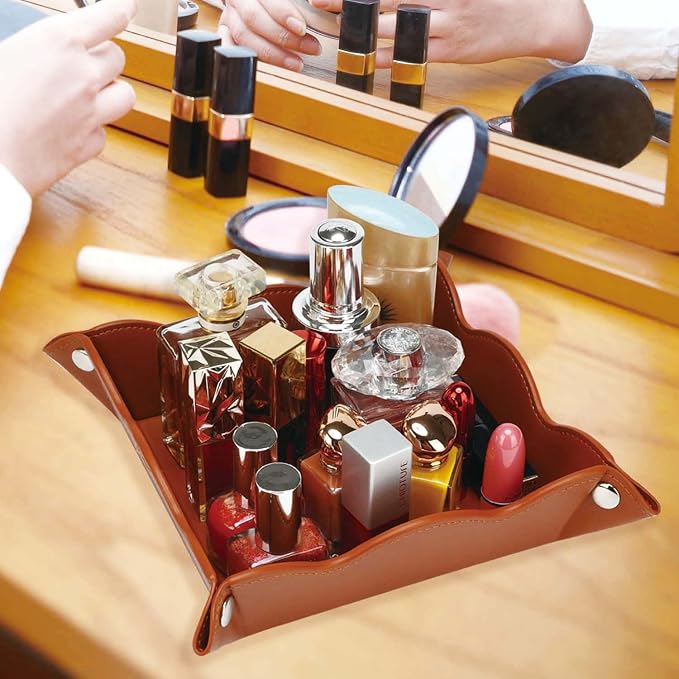 Valet Tray for Men Women - PU Leather Travel Catchall Tray Organizer - Desk Bedside Nightstand Storage Box for Jewelry Key Phone Remote Controller Wallet Watch Glasses Coin Readers -Brown