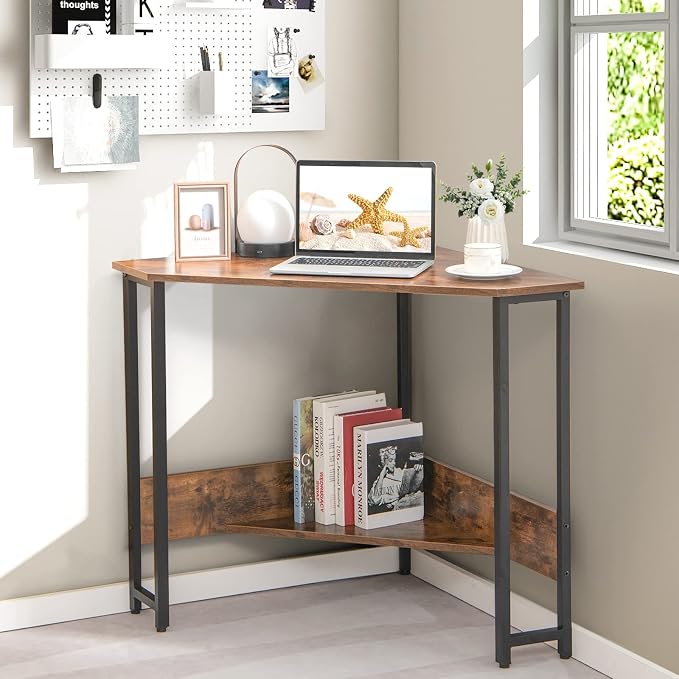 HOMGX Triangle Corner Computer Desk for Small Space, Rustic Brown, Modern Style, Space Saving, USB Ports & Power Outlet, Sturdy & Durable Construction, 28.5" x 30"