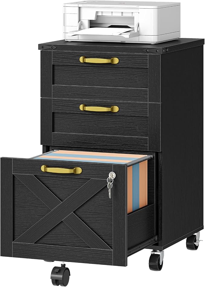 HOOBRO 3 Drawer File Cabinet with Lock, Mobile Farmhouse Filing Cabinet for A4/Letter Size, Under Desk Rolling Office Cabinet, Printer Stand with Storage for Home Office, Black BK67WJ01