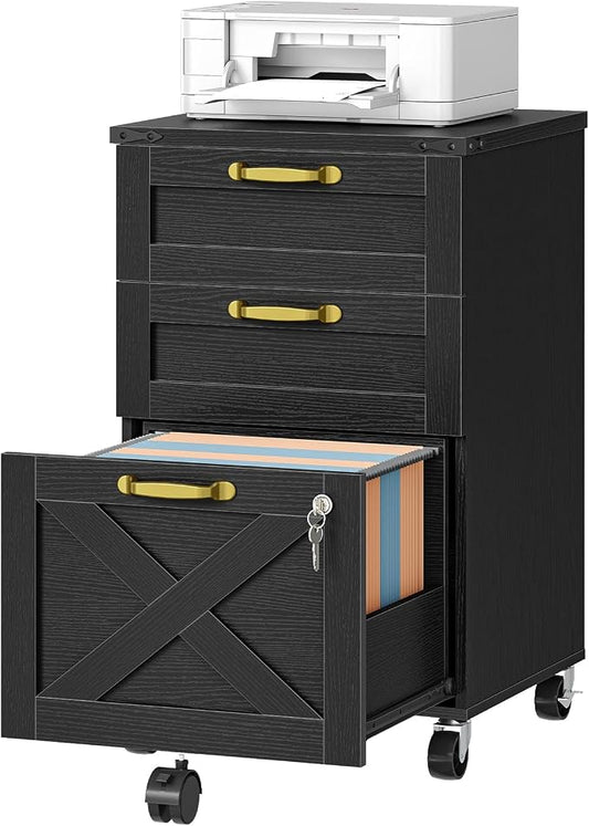 HOOBRO 3 Drawer File Cabinet with Lock, Mobile Farmhouse Filing Cabinet for A4/Letter Size, Under Desk Rolling Office Cabinet, Printer Stand with Storage for Home Office, Black BK67WJ01