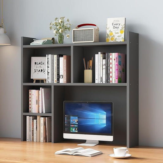 Desk Hutch Dorm, Desktop Bookshelf Organizer, Multifunctional Wooden Shelf Rack with Storage for Dorm Room, Office, Study, Space-Saving Design(Black,35.4x7.8x35.4in)