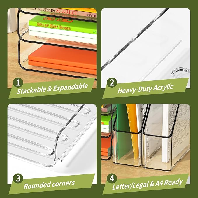 FANXIYQ 4-Tier Acrylic Paper Tray Organizer with Bookends, Clear Stackable Letter Tray Organizer for Desk, Acrylic File Organizer & Office Paper Organizer, Desk Accessories for Home Office
