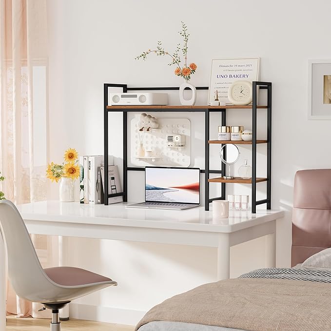 Snughome Desk Shelf, 38.6" Desktop Organizer Shelf, Desk Hutch for Computer Monitor, 4 Tier Desk Display Rack, Wood Desktop Bookshelf Storage Rack for Home Office Dorm, Rustic Brown | Desktop Organizer Shelf