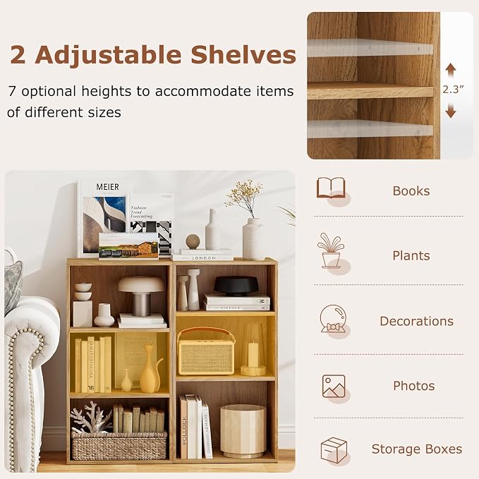3 Shelf Bookshelf, 31.5” Small Bookcase with 2 Adjustable Shelves, Wooden Bookshelves and Bookcases, Modern Display Shelf, 3 Cube Storage Organizer for Home Office Bedroom (Natural)