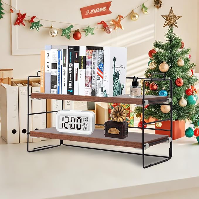 ShellKingdom Desk Shelf Organizer, 2 Tier Desktop Shelves, Adjustable Bookshelf Storage Rack and Office Cubicle Decor for Tabletop, School, Office, Dorm Organization (Black Frame + Wood Board)