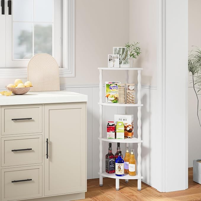 IBUYKE 4-Tier Corner Shelf,Stylish Corner Bookshelf for Small Spaces,Industrial Corner Storage Display Shelves,Small Corner Table for Bedroom,Bathroom,Kitchen, White WBC019W