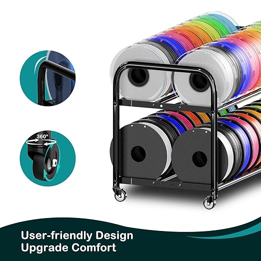 2-Tier Metal Filament Rack, Compact Under Desk 3D Filament Spools Rolling Cart with Adjustable Spools Storage Holds 24+ PLA/ABS/TPU Filaments, for Home, Office Workshop, Studio