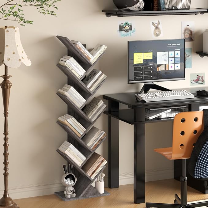 SHEEPAM 10 Tier Tree Book Shelf, Floor Standing Wood Bookshelf for Narrow Space, Storage Organizer Bookshelves for Books/CDs/Magazine, Bookcase with Shelves for Home Office, Living Room - Light Grey