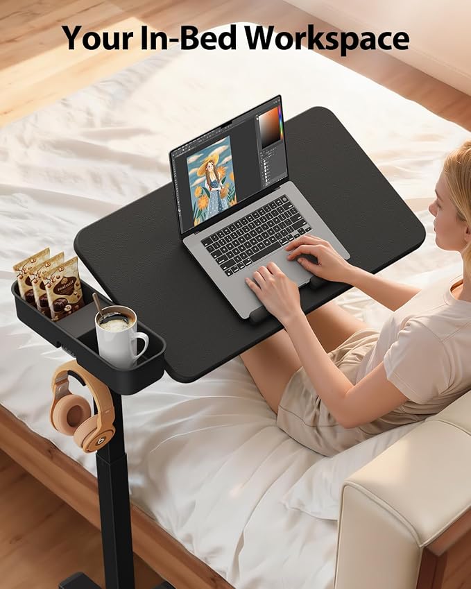 SAIJI Magnetic Overbed Bedside Table with Wheels, Height and 360° Angle Adjustable Over Bed Desk with Led Light, Portable Lengthened Rolling Laptop Standing Desk Mobile Bed Tables Hospital Home Use