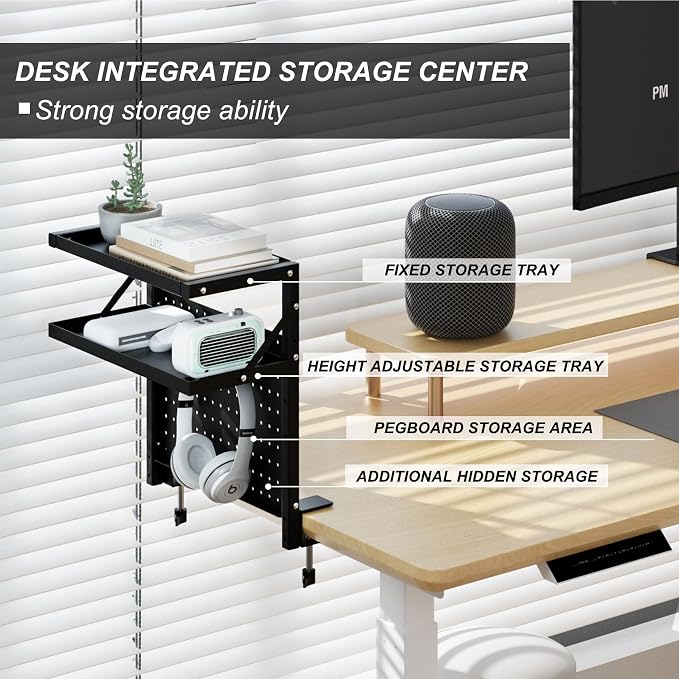 Adjustable 2-Tier Clamp on Desk Shelf with Pegboard, Side Table Extender Shelving Unit for Table Accessories,Desk Storage Shelves Desktop Organizer for Working and Gaming Accessories