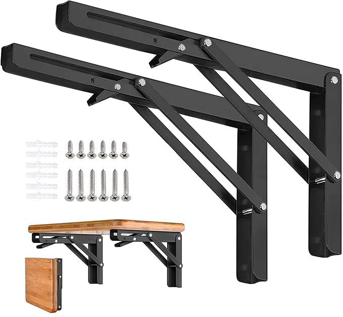 Folding Shelf Brackets - 18 Inch 2 Pcs DIY Wall Mounted Shelf Brackets for Garage Workstation, Stuff Supports, Plant Stand - Heavy Duty Metal Collapsible Floating Shelf Bracket Black
