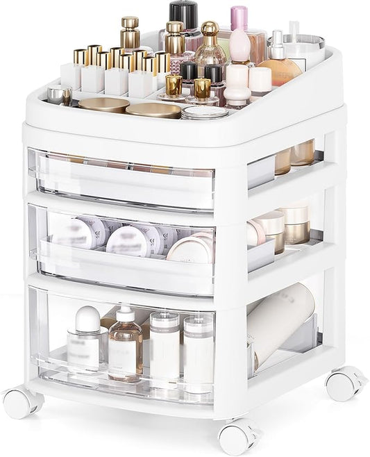 Rolling Cart with 3 Drawers, Clear Plastic Drawer Organizers, Dust Proof Under Desk Storage for Makeup, Skincare, Art Crafts and Baby Items, Acrylic Cosmetic Organizer with Dividers, Vanity Cart