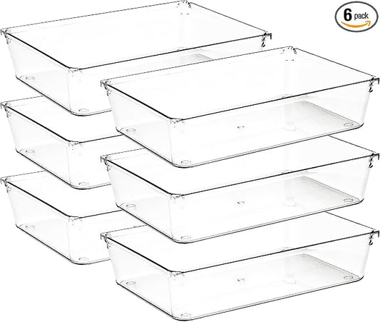 6 Pack Drawer Organizer - 6" X 9" Clear Acrylic Storage Bins with Non-Slip Pads, Versatile Desk Tray for Makeup, Jewelry, Kitchen, Bathroom, and Office Organization