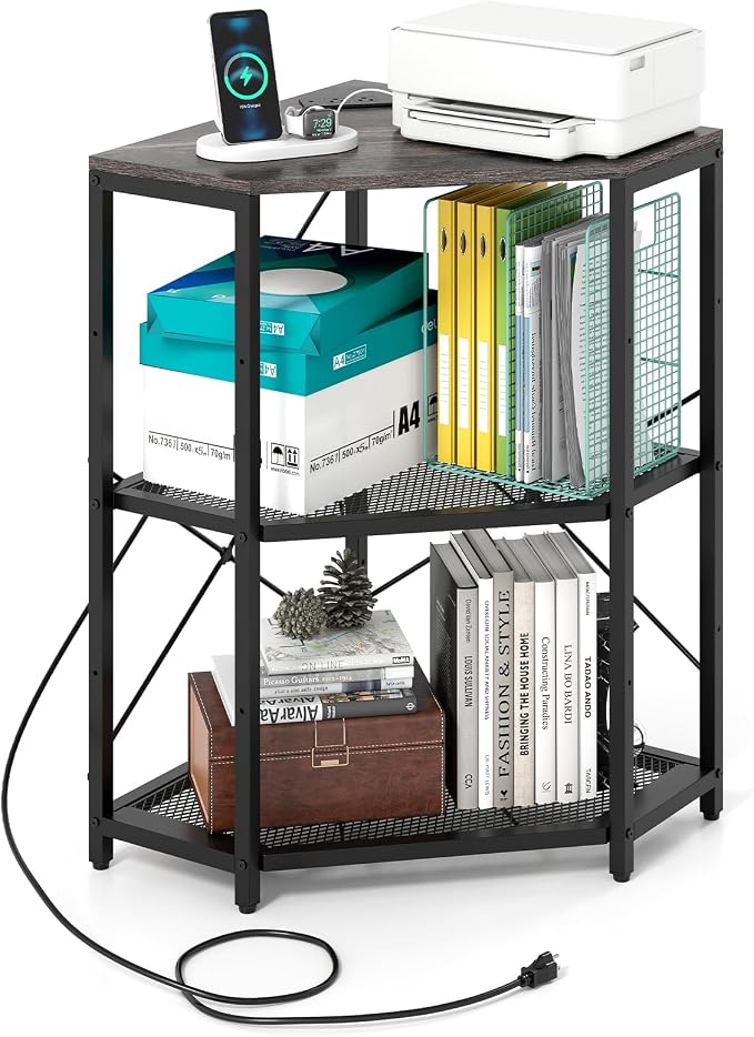 Tangkula Corner Printer Stand with Power Outlet, 3-Tier Storage Rack with Adjustable Metal Mesh Shelf, Freestanding Corner Table Computer Tower Holder for Home Office Living Room (Grey & Black)