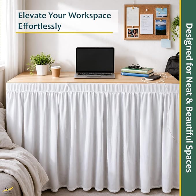 Shreem Linen Dorm Desk Skirt, Ruffled Gathered Table Cover, Custom-Fit, No Platform, Split Corners, Under Desk Storage Cover for Dorm & Home Office, White Desk Skirt (D24 x W42 Skirt H30 Inches)