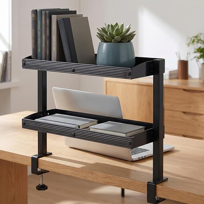 2-Tier Clamp-on Desk Shelving Unit, Adjustable Metal Storage Tray, Space-Saving Desktop Organizer for Gaming, Office Supplies, Monitor Stand, Dresser Top Storage, Ideal for Home Office, Study,