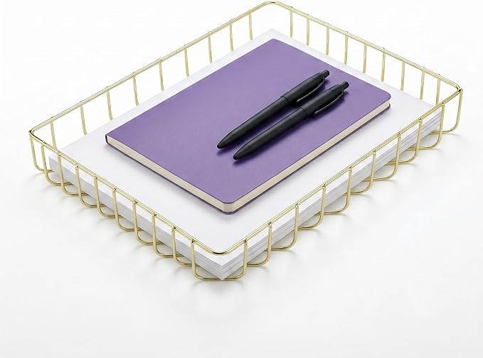 Elegant Gold Wire Desk Tray Organizer - Multipurpose A4 Letter Size File Tray, Premium Metal Mesh Document & Magazine Holder, Luxury Storage Basket for Office, Vanity, & Bathroom, Gold