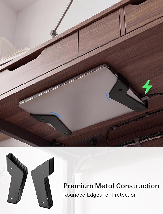 NiHome Under Desk Laptop Mount & Wall Holder, Adjustable Metal Bracket for MacBook, Keyboard, Tablet, Fits Devices up to 35mm, Screw or Adhesive Install, Space-Saving Tray Under-Desk Storage