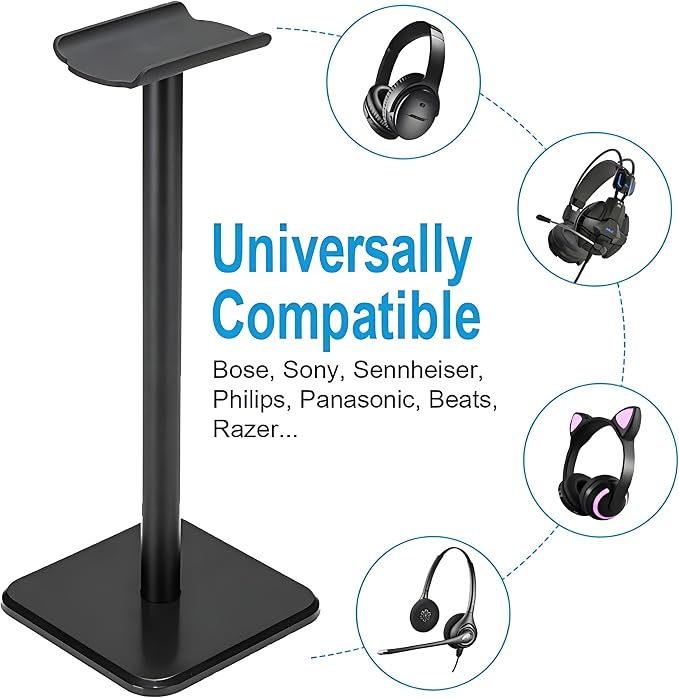 Headphone Stand, Universal Aluminum Metal Holder for AirPods Max, HyperX Cloud II, Xbox One, Turtle Beach, Sennheiser, Sony, Bose, Beats PC Gaming Headset Display & Bluetooth Headphones (Black)