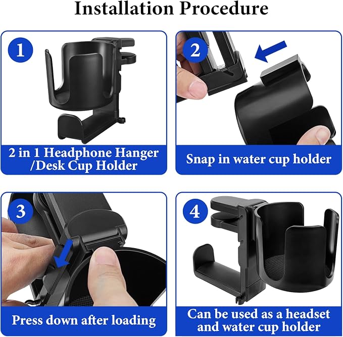 GEEKRIA 2 in 1 Headphone Hanger&Desk Cup Holder, Under Desk Clamp Rotatable Headset Compatible with Sennheiser, Bose, Beats, Razer, HyperX, Sony, Suitable for Coffee Mugs, Water Cups (Black)