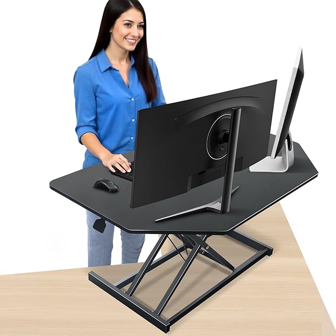 Aconcept 40 inch Black Corner Height Adjustable Standing Desk Converter, One-Click Sit to Stand up Desk Riser, Pre-Assembled for Dual Monitor and Laptop Workstation