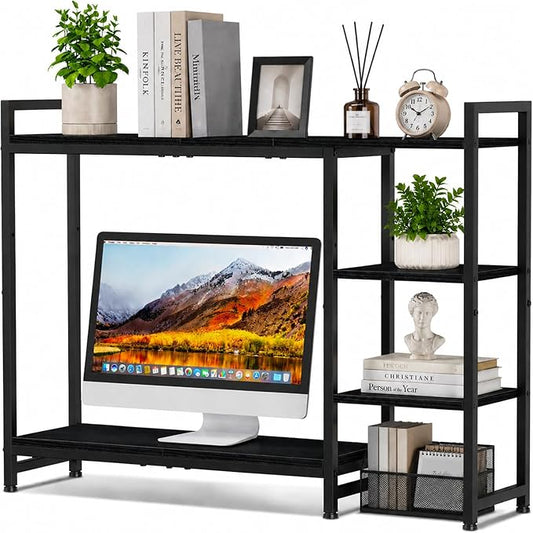 Snughome Adjustable Desk Shelf with Monitor Stand, 38.6" Desktop Organizer Hutch, Height Adjustable Computer Monitor Riser & 4 Tier Storage Bookshelf for Home Office Dorm, Black