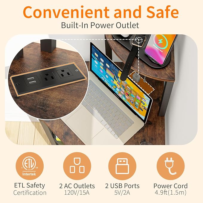 METYERRY 4-Tier Corner Printer Stand, Printer Table with Built-in Power Outlet and LED Lights, Multipurpose Corner Table with Grid Storage Shelf for Home and Office,Rustic Brown