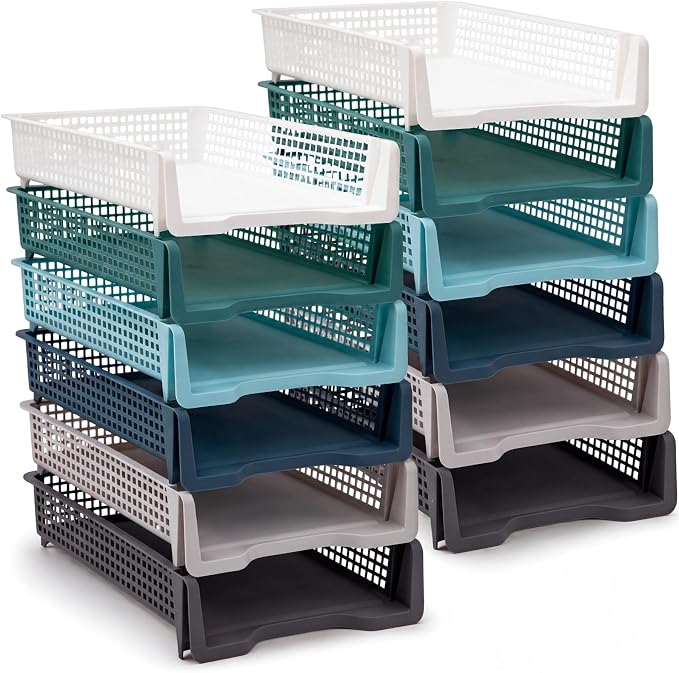 Geetery Set of 12 Plastic Trays for Teachers Turn in Trays Classroom Stackable Paper Tray Plastic Classroom Teachers Desk Letter Organizer Storage Baskets for Office, Desk, Home (Morandi Color)