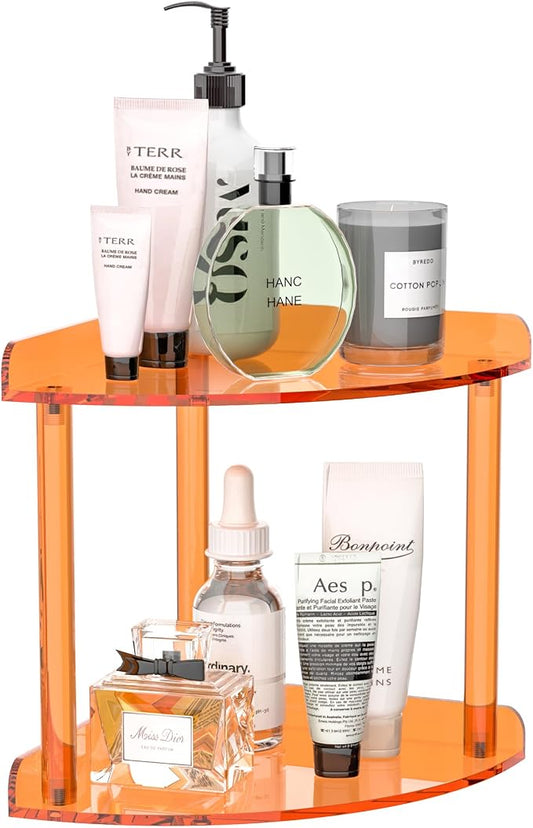 Sezanrpt 2 Tier Countertop Corner Organizer Shelf 7x7x8 Inch, Orange Acrylic Bathroom Corner Shelf for Countertop, Vanity Storage for Skincare, Cosmetics, Perfume