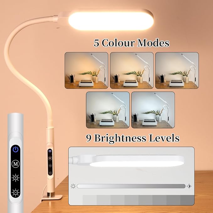 BQAN LED Desk Lamp with Clamp - 15W Eye-Caring Clip on Light, Flexible Gooseneck Lamp for Home Office, 5 Color Modes & 9 Brightness Levels for Reading, Studying, Work