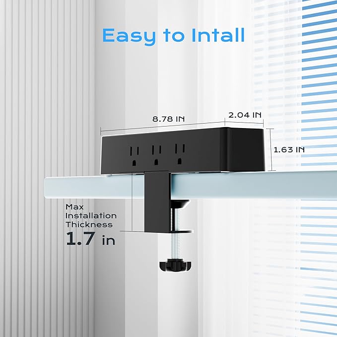 Flat Plug Desk Clamp Power Strip 10FT, 40W Total Fast Charging Station, Dual PD 20W USB C Ports, Desk Edge Mount Power Strip 9 AC Outlets 8 USB Ports(4 USB C), Fit 1.7" Tabletop Edge