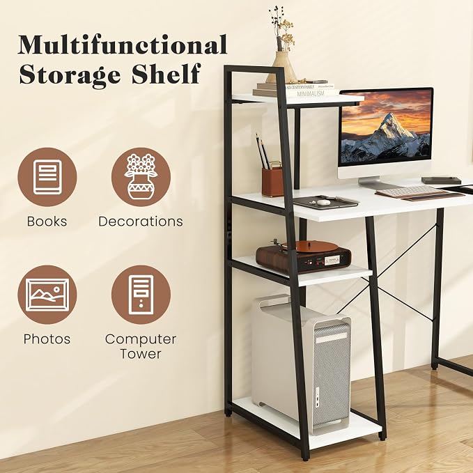 Tangkula Computer Desk with Shelves, Space Saving Home Office Desk with 3-Tier Ladder Shaped Storage Bookshelf, Modern Writing Study Desk with Metal Frame, Compact Computer Workstation (White)