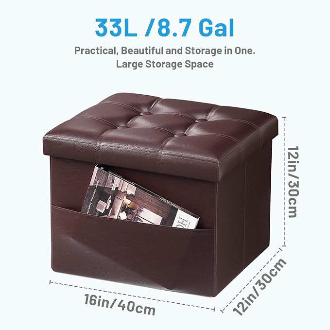 Bsketa Storage Ottoman Foot Rest Stool, Small Leather Storage Ottomans Bench, Folding Footstool with Side Pockets, Foot Rest Under Desk for Living Room Bedroom, 16x12x12 in, Brown 2 Pack