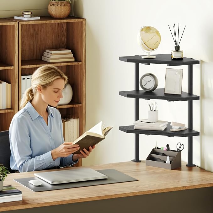 MAHANCRIS Desk Shelf and Desktop Shelf Bundle, Clamp On Desk Organizer, Adjustable Desk Corner Storage Shelf with Metal Frame, DSBK3601-DSBK5501