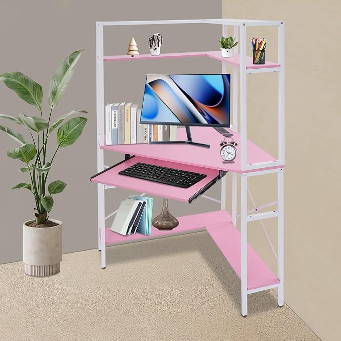 Corner Desk, Triangle Corner Computer Desk with 2 USB Ports and 2 AC sockets, Small Computer Desk with Hutch and LED Lights ComputerDesk for Small Space, Home Office Desk, Pink