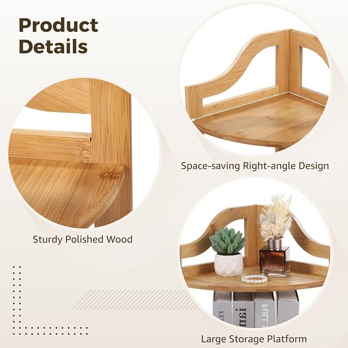 Two-Tier Wooden Corner Desk Storage Shelf, Compact Organizer for Small Spaces, Space-Saving Book and Plant Display, Easy to Install