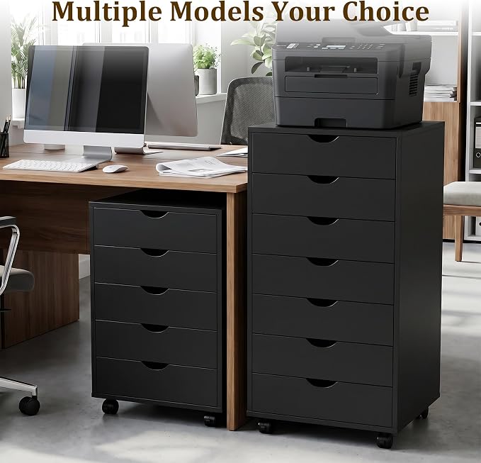 7 Drawer File Cabinet, Under Desk Storage Organization with Wheels, Mobile Filing Chest for Small Desk Printer Stand for Home Office, Black