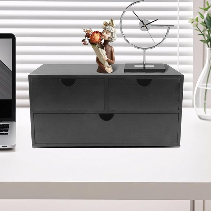 Charmewooden desk organizer with drawers countertop drawer organizer Tabletop Storage Organization Box Home Office Workspace Bathroom Toiletries Supplies (black)