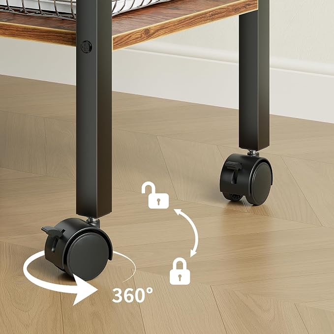 2 Tier Printer Stand with Storage, Under Desk Printer Table, Space-Saving Printer Table with Locking Wheels, Rolling Printer Cart for Home Office, Rustic Brown