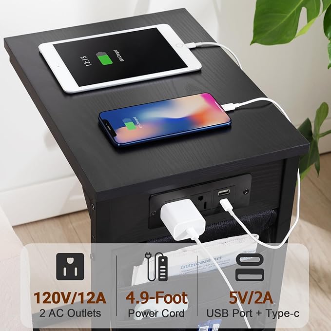 AMHANCIBLE C Shaped End Table with Charging Station, Couch Side Tables that Slide Under Sofa with Storage Bag, Slim TV Tray with USB Ports for Living Room, Bedroom, Black, HET04CBK