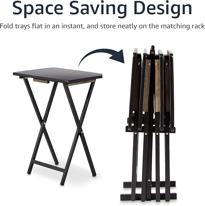 Amazon Basics Portable Foldable TV Tray Table with Storage Rack, Space-Saving Design, 15" x 19" x 26", Black, 4-Pack